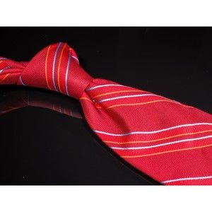 Jhane Barnes 100% Silk Tie Red Orange Light Blue Striped Mens Designer Necktie